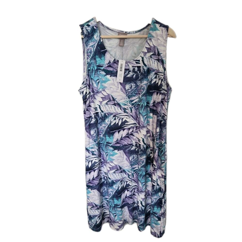 New Chicos Tropical Leaves Sabrina Knee Dress Summer Beachy Stretchy Size 3